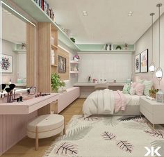 a bedroom with pink and white decor on the walls, flooring and rugs