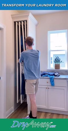 a man standing in front of an open laundry room door with the words transform your laundry room