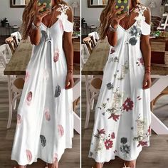 Fashion Feather Print Lace Camisole Loose Cutout A Line Maxi Dress Casual Boho Print Maxi Dress For Brunch, Casual Flowy Printed Boho Dress, Bohemian Printed Sundress For Brunch, Casual V-neck Boho Print Sundress, Casual V-neck Sundress With Boho Print, White Boho Print V-neck Maxi Dress, Casual Boho Print V-neck Sundress, Casual Printed Boho Dress For Day Out, Casual Printed Boho Dress For Brunch