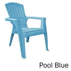 a blue plastic chair with the word pool blue on it's back and side