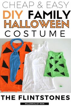 three halloween costumes with text overlay reading cheap & easy diy family halloween costume the flintstones