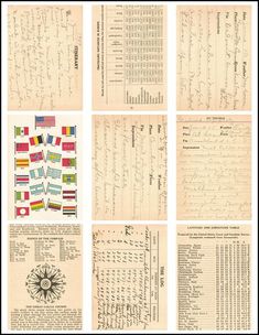 some old papers with different flags and numbers on them, all lined up in rows