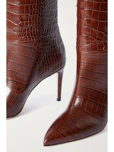 PARIS TEXAS Stiletto croc-effect leather knee boots Elegant Leather Heeled Boots With Crocodile Pattern, Elegant Pointed Toe Heeled Boots With Crocodile Pattern, Elegant Heeled Boots With Crocodile Pattern And Pointed Toe, Elegant Crocodile Pattern Heeled Boots With Pointed Toe, Luxury Crocodile Pattern Boots, Luxury Fitted Crocodile Pattern Boots, Crocs Boots, Brown Boots Women, Leather Knee Boots