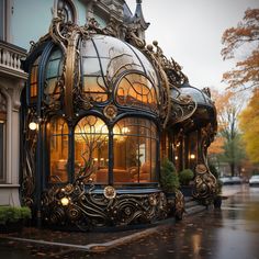 an ornately designed building on the side of a street in the rain with lights shining