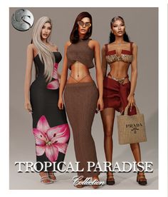 three beautiful women standing next to each other in front of a sign that says tropical paradise