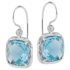 14 Karat White Gold Hand-Crafted Polish-Finished 10mm Checkerboard-Cut Cushion-Shaped Blue Topaz Semi-Precious Color Stone Drop Earrings, Accented with 0.04 Carats of Bezel Set Diamonds. Stone Drop Earrings, Topaz Color, Bezel Set Diamond, Topaz Earrings, Color Stone, Women Diamond, Gold Hands, Blue Topaz, Stone Color