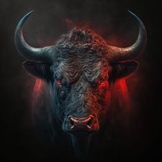 an artistic painting of a bull with red eyes and long horns on a black background