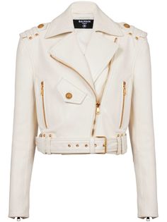 Find BALMAIN Cropped Leather Biker Jacket on Editorialist. ivory white lambskin front zip fastening buckle fastening wide notch lapels long sleeves cuff zips two zip-fastening pockets straight hem cropped Womens Leather Biker Jacket, Balmain Collection, Womens Biker Jacket, Leather Biker Jacket, Lady Dior, Biker Jacket, Lambskin Leather, Coats For Women, Fashion Branding