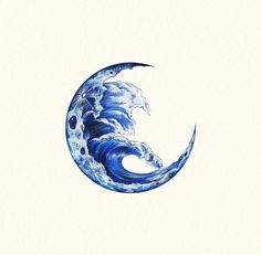 a drawing of a blue wave in the shape of a crescent on a white background