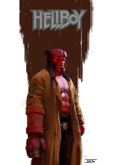 the hellboy character is standing in front of a brown and white background with red paint