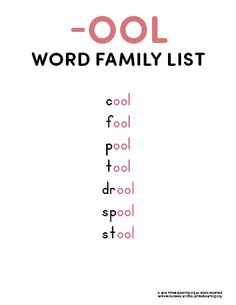 the word family list is shown in black and white, with pink letters on it