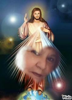 an image of jesus on top of the earth with light coming from his eyes and hands