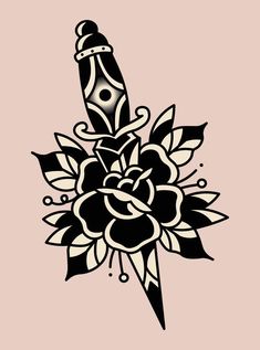 a black and white drawing of a pen with flowers on the side, against a pink background