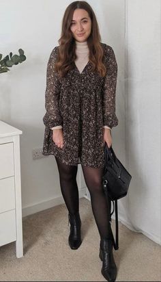 Dresses And Docs Outfit, Babydoll Dress Outfit Winter Tights, Fall Style Curvy, Curvy Girl Outfits Autumn 2024, Outfits With Skirts Plus Size, Salem Trip Outfit, Cool Dress Outfits, Winter Skirt Outfit Midsize, Mid Sized Fall Outfits