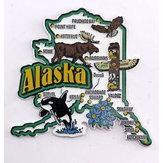 a sticker depicting the state of alaska with an image of animals and birds on it