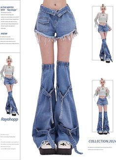 [Brand] Rayohopp   ■ Details   Denim pants set consisting of shorts and leg warmers.  This super cute item will easily give you a Y2K look and is super trendy.  It is easy to use as a single item and can also be easily incorporated into grunge fashion, so we recommend it.   ■ Color    blue / black   ■ Fabric   cotton (80%) / viscose (20%)   ■ Model Size   M / 165cm / 48kg   *There may be individual differences depending on preferences and body type.   ■ Size            Size (cm)        Waist        Total Length        Hip              S        63        twenty five        88              M        67        26        92              L        71        27        96              XL        75        28        100 Leg Warmer Reference, Jeans With Shoelace Belt, Denim Dress Y2k, Flare Pants Drawing, Cool Clothes Ideas, Pant Ideas For Women, Flared Legwarmers, Leg Warmers Over Jeans, How To Draw Leg Warmers