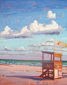 an oil painting of a lifeguard station on the beach by the ocean with clouds in the sky