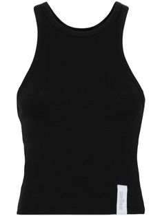 black cotton fine ribbed round neck sleeveless straight hem Sporty Ribbed Crew Neck Tank Top, Ribbed Stretch Crew Neck Vest, Stretch Ribbed Crew Neck Vest, Black Ribbed Cotton Tank Top, Black Ribbed Scoop Neck Tank Top, Black Ribbed Tank Top For Everyday Wear, Everyday Black Ribbed Tank Top, Stretch Ribbed Crew Neck Tank Top, Black Fitted Tank Top For Everyday