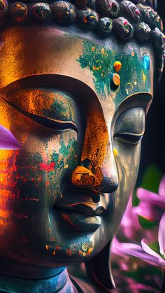 a close up of a buddha statue with colorful paint on it's face and eyes