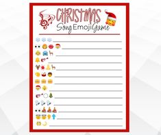 the christmas song emojgans printable worksheet is shown in red and white