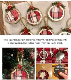 christmas ornaments made from mason jars and plaid fabric