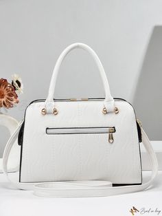 Bird in Bag - Luxe Litchi Embossed Square Bag with Metal Decor and Double Handles - Exquisitely Fashionable White Large Capacity Satchel For Formal Occasions, Formal White Satchel With Large Capacity, Elegant White Satchel With Zipper Closure, Tweed Handbag, Chic Quilts, Chain Crossbody Bag, Bird In Bag, Bag Bag, Square Bag