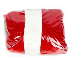 a large red and white bag with santa's hat on it, sitting in front of a white background