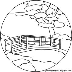 a bridge over water with trees and clouds in the background coloring pages for kids, printable