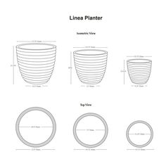 the linea planter is shown in three different sizes and shapes, with measurements for each