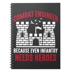 a spiral notebook with the words combat engineer and an image of a castle on it