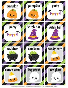 halloween themed printables with words and pictures for the word candy, witch hat