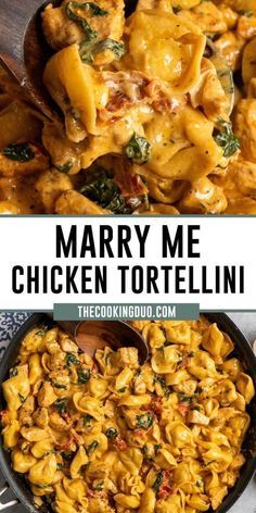 two pictures of chicken tortellini with sauce and spinach