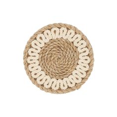 a round jute rug with white and beige circles on the bottom, against a white background