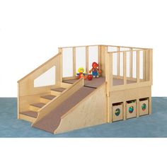 a wooden play set with stairs and storage bins for children's toy items