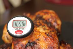 a close up of a chicken on a plate with thermometer in it's mouth