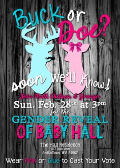 a flyer for the gender reveal of baby hall with an image of two deer heads