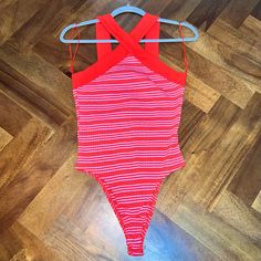 Red And Pink Striped Bodysuit From Zara Never Worn! New Without Tags Red Sleeveless Bodysuit For Spring, Red Stretch Sleeveless Bodysuit, Red Sleeveless Bodysuit For Summer, Red Sleeveless Stretch Bodysuit, Red Fitted One-piece Bodysuit, Red Sleeveless Bodysuit For Beachwear, Red Casual Bodysuit For Spring, Casual Red Bodysuit For Spring, Sleeveless Red Bodysuit For Beachwear