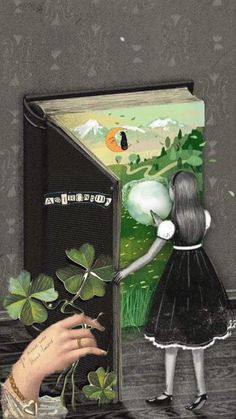 a painting of a girl looking at a book with clovers on the pages and an orange butterfly flying over it