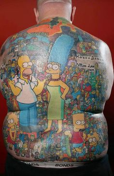 the back of a man's body with simpsons characters on it, all painted in different colors