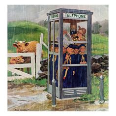 a painting of people in a phone booth on a rainy day with cows and sheep