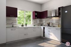 a kitchen with white and red cabinets, black appliances and a large window that looks out onto the trees