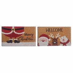 two doormats with santa claus and snowman on them, one has a welcome sign