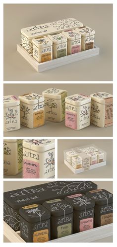 four different types of teas are shown in this graphic design process, each with their own name on them