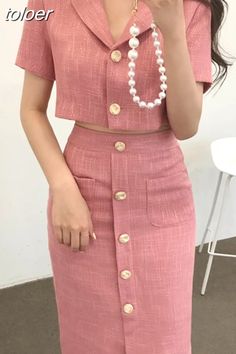 Two Piece Skirt Set Summer, Lady Outfits, Cotton Tops Designs, High Waist Skirts, Modest Casual Outfits, Slim Blazer, Blouse Casual Fashion, Office Outfits Women