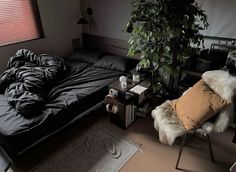 a bed room with a neatly made bed next to a chair and a plant in the corner