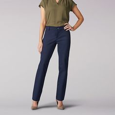 Enjoy peace of mind that lasts all day long with Lee® women's wrinkle-free pants. Designed for effortless confidence, flexible comfort, and optimum movement, these relaxed-fit straight-leg pants help you take on anything that stands in your way with grace and style. Whether heading to work or out on the town, these women's wrinkle-free pants provide a near-instant way to look your best, no matter your pants size. Rely on streamlined styling for a classically tailored look when wearing Lee® women Navy Blue Pants Teacher Outfit, Summer Office Casual Outfits For Women, Business Attire Women Dress Pants, Blue Work Outfits For Women, Navy Slacks Outfit Women Business Casual, Blue Dress Pants Women Work Outfits, Navy Blue Pants Work Outfit Women, Business Casual Outfits For Women Classy, Women Dress Pants Outfits