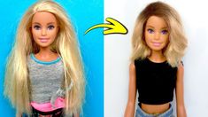 a doll with blonde hair and blue eyes is shown before and after it has been dyed