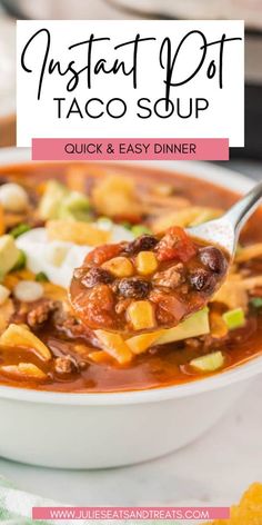 a bowl of instant pot taco soup with a spoon in it