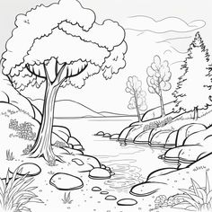 a coloring page with trees and rocks in the water