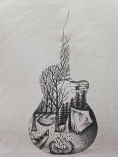 a black and white drawing of a vase with trees in it